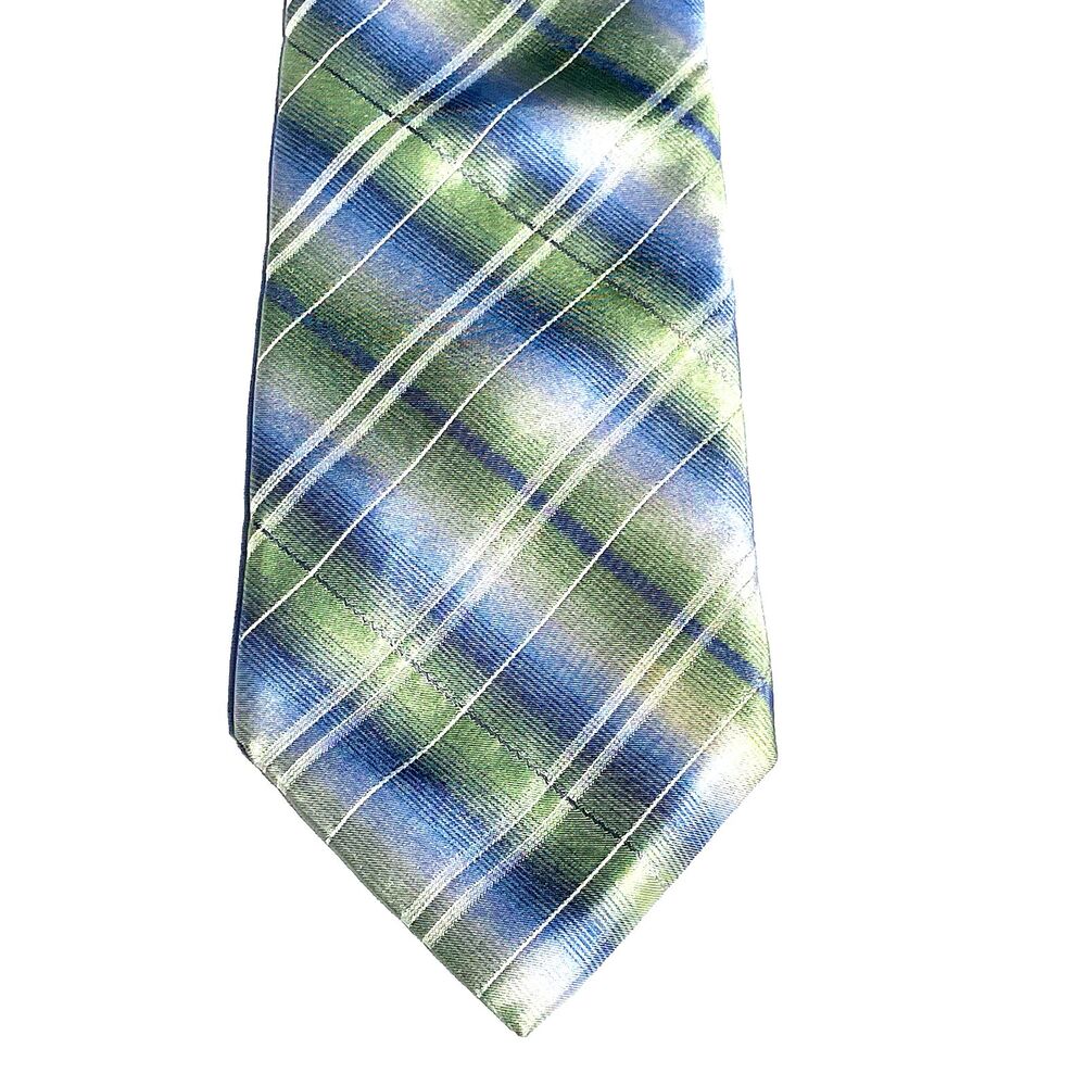 Perry Ellis Portfolio Tie Tartan Plaid Shiny Blue Green Irish Celtic Summer Scot